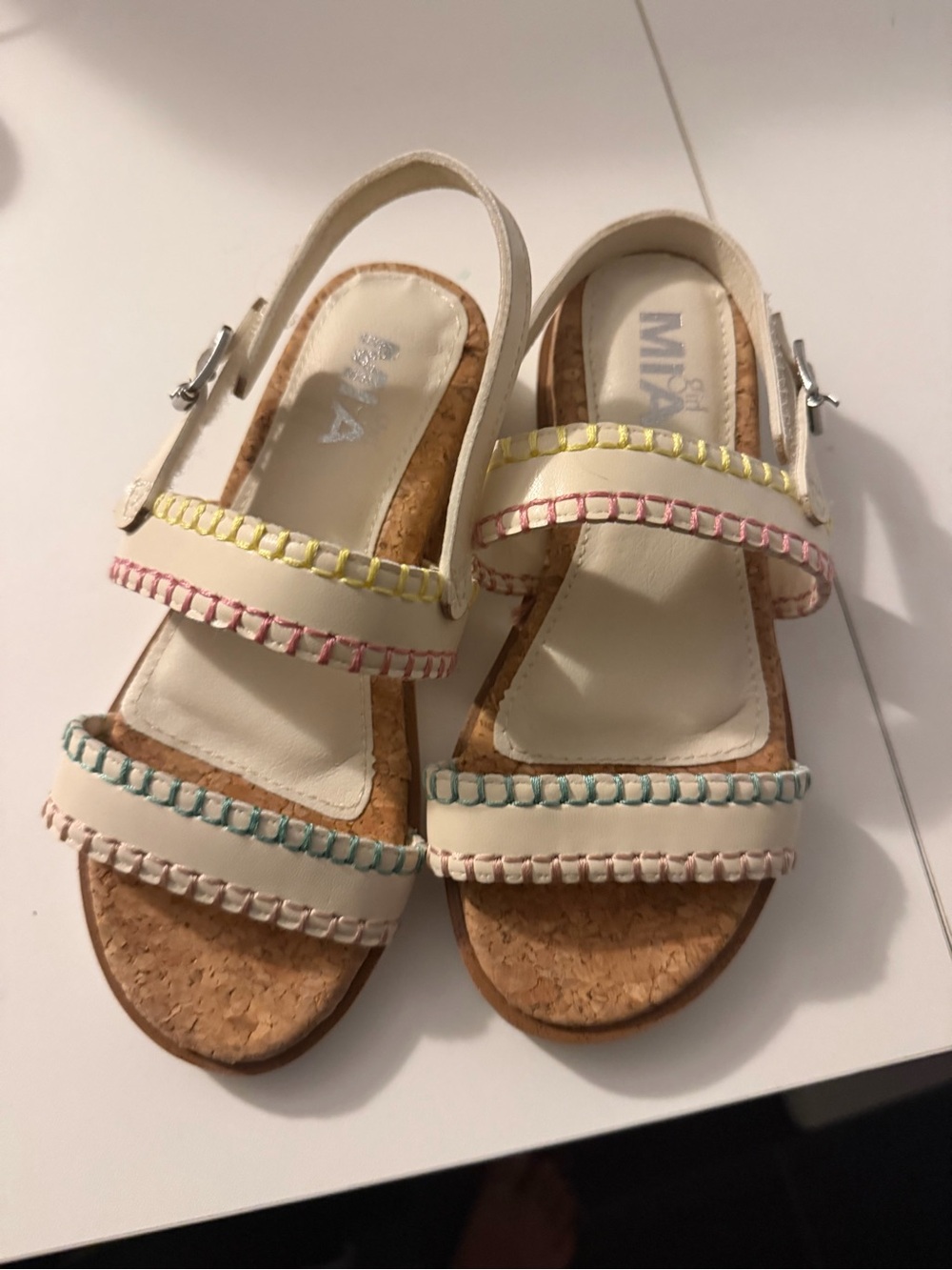 MIA Cream Cork Slingback Sandals with Pastel Stitching
